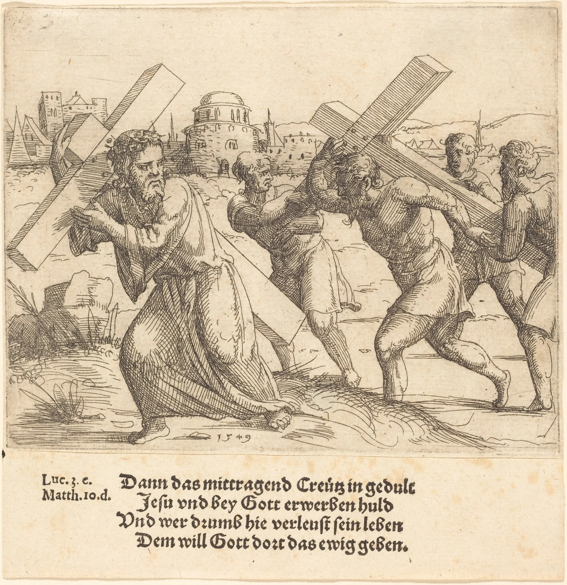 Man Carries the Cross after Christ, by Augustin Hirschvogel, ink, 1549