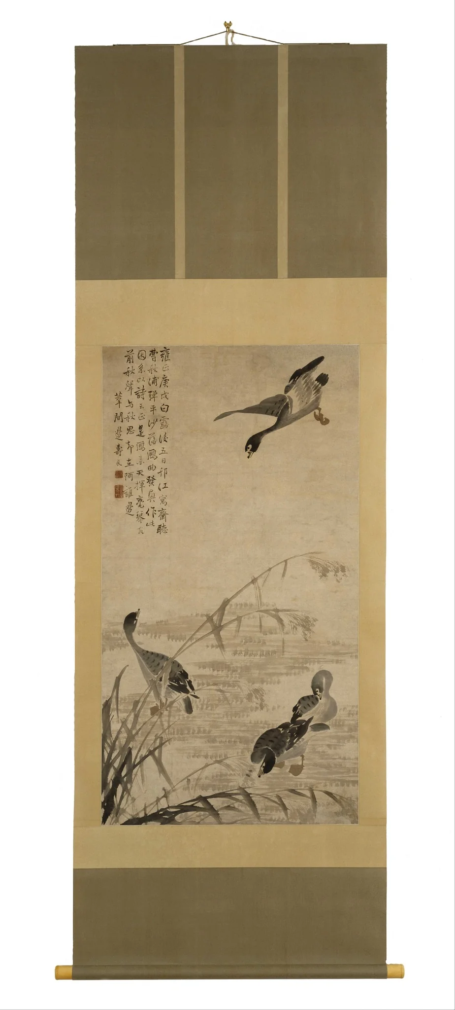 Wild Geese Descending on a Sandbank, by Bian Shoumin, unspecified, 1730