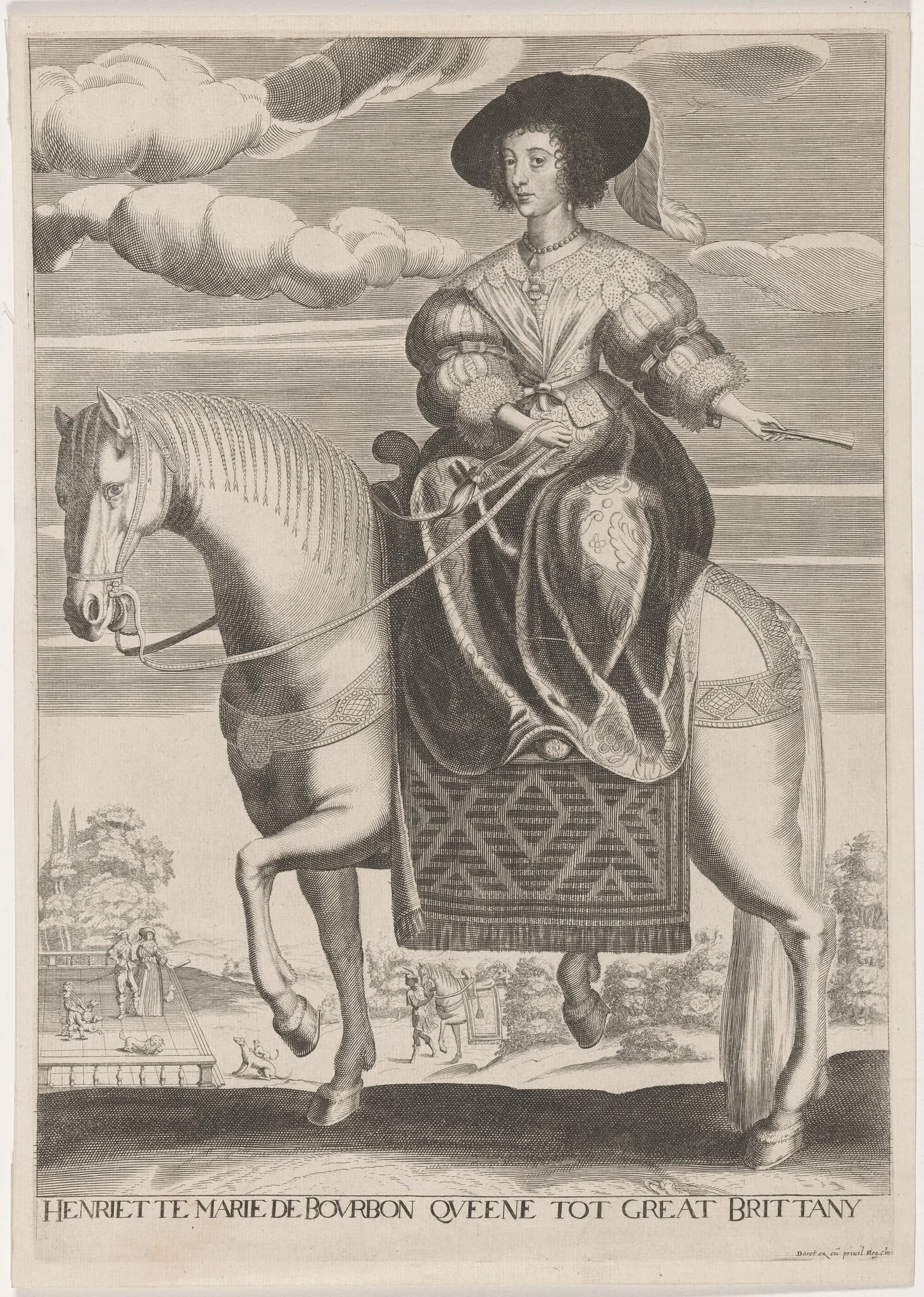 Henrietta Maria on Horseback, by Pierre Daret de Cazeneuve, ink, 1641
