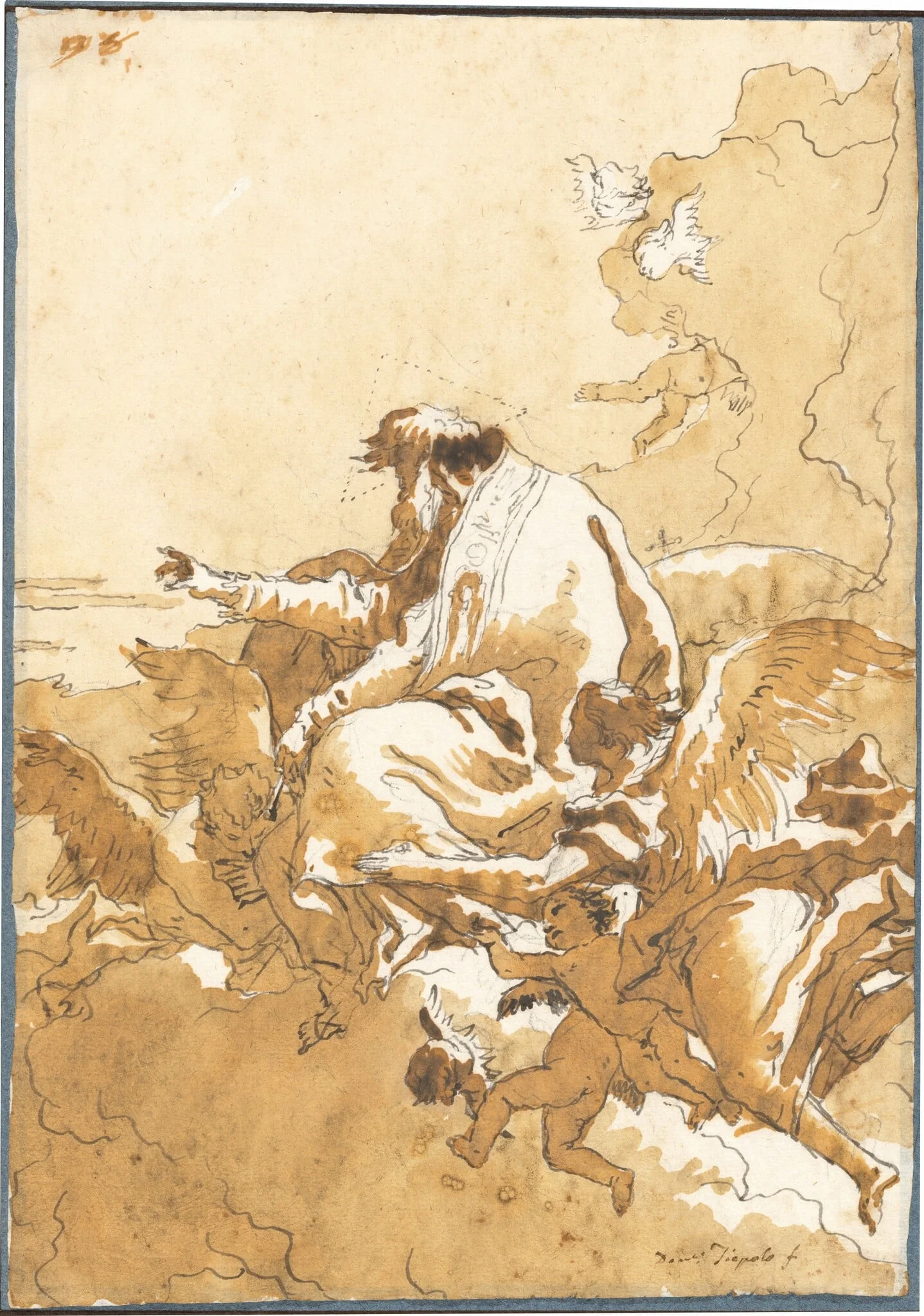 God the Father Seated in Clouds Surrounded by Angels and Putti, by Giovanni Domenico Tiepolo, chalk, 1756
