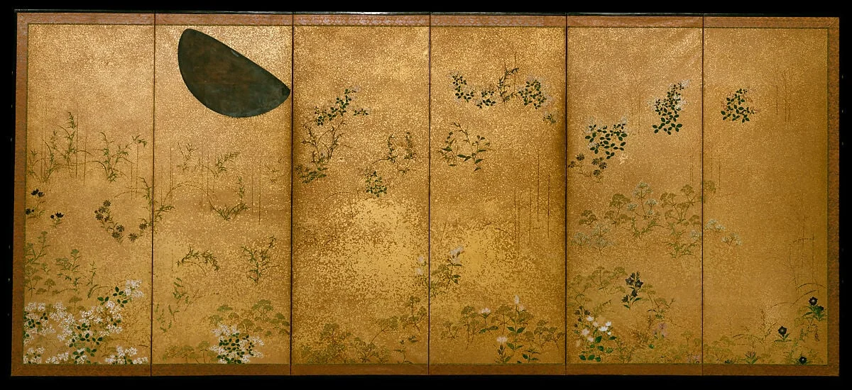俵屋宗達工房　月に秋草図屏風|Moon and Autumn Grasses, by Tawaraya Sōtatsu, ink, 1666