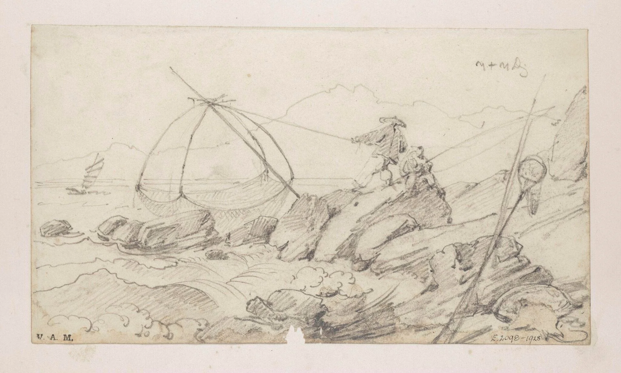 Fishermen with their nets on a rocky coast, by George Chinnery, 1830
