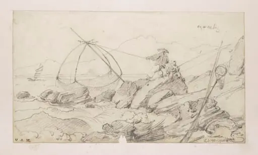 Fishermen with their nets on a rocky coast