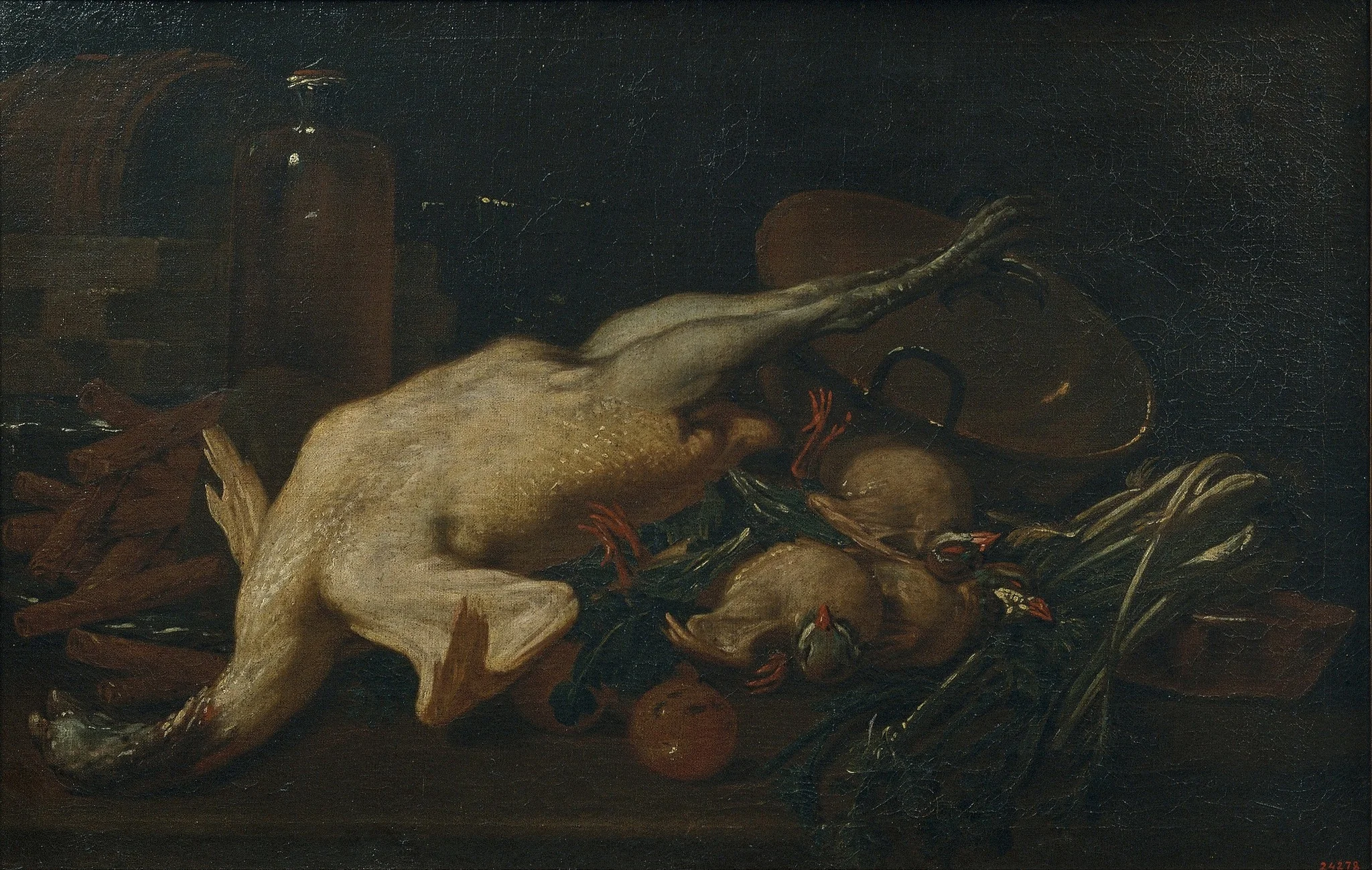 Still Life with Vegetables, Turkey, other Fowl and Wafers, by Antoni Viladomat i Manalt, oil, 1750