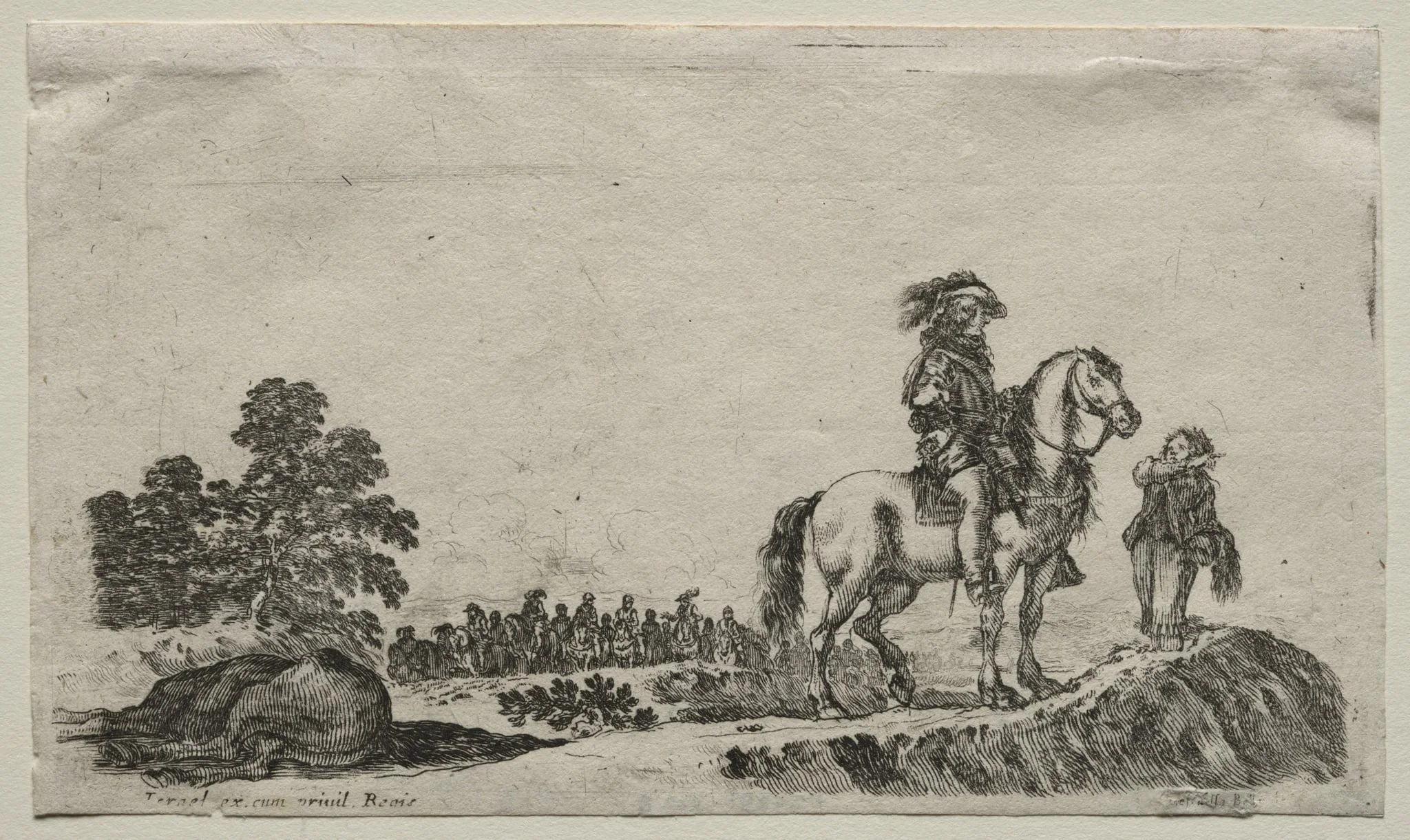 Various Figures and Landscapes:  A Lost Horseman Enquiring the Way, by Stefano Della Bella, 1649