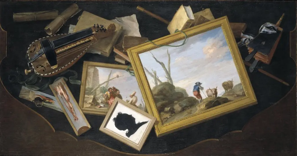 Trompe-l'œil of a Table in a Mess with Paintings, a Hurdy-Gurdy, Books and Other Objects