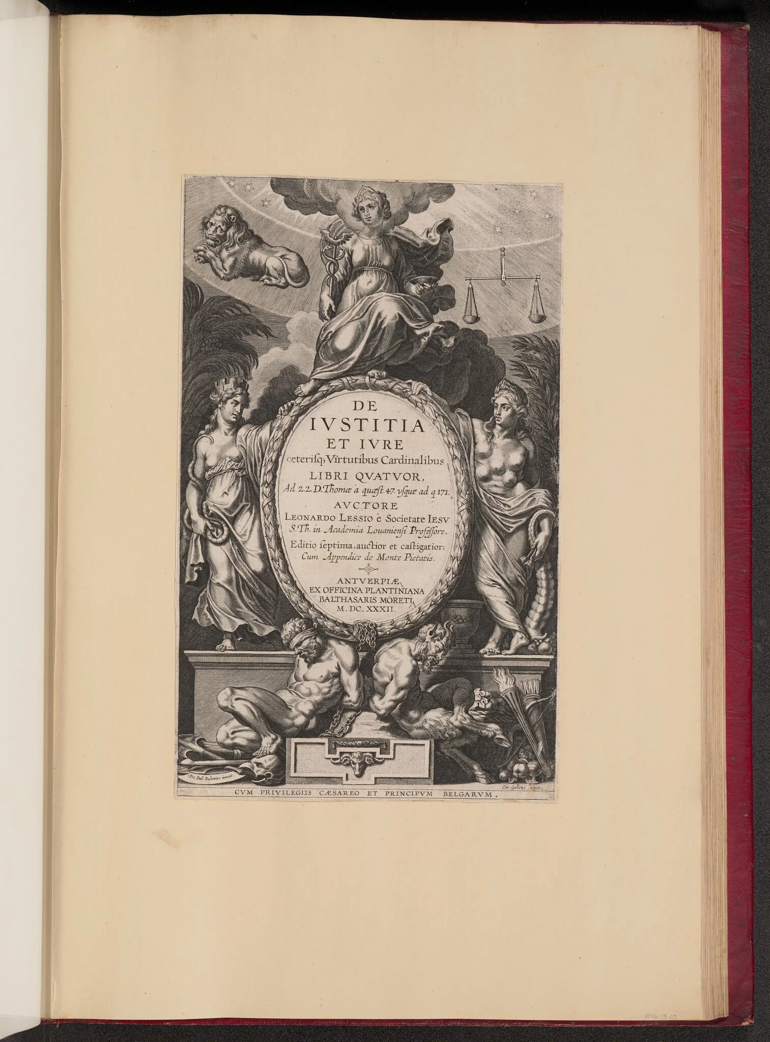 Title Page for Leonard Lessius, De Ivstitia et Ivre, by Cornelis Galle I, ink, 1632