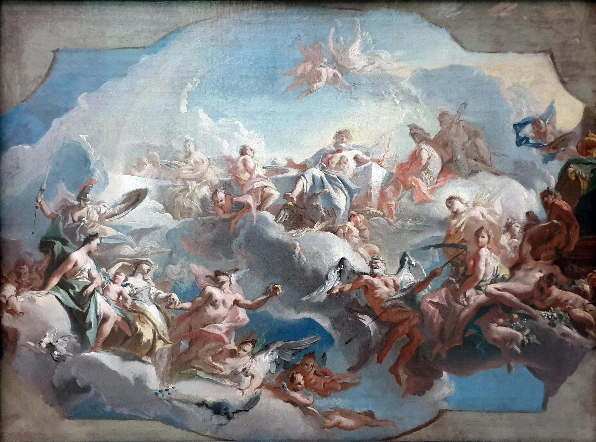 Departure of the goddesses Juno, Venus and Minerva for the judgment of Paris, by Carlo Carlone, oil, 1736