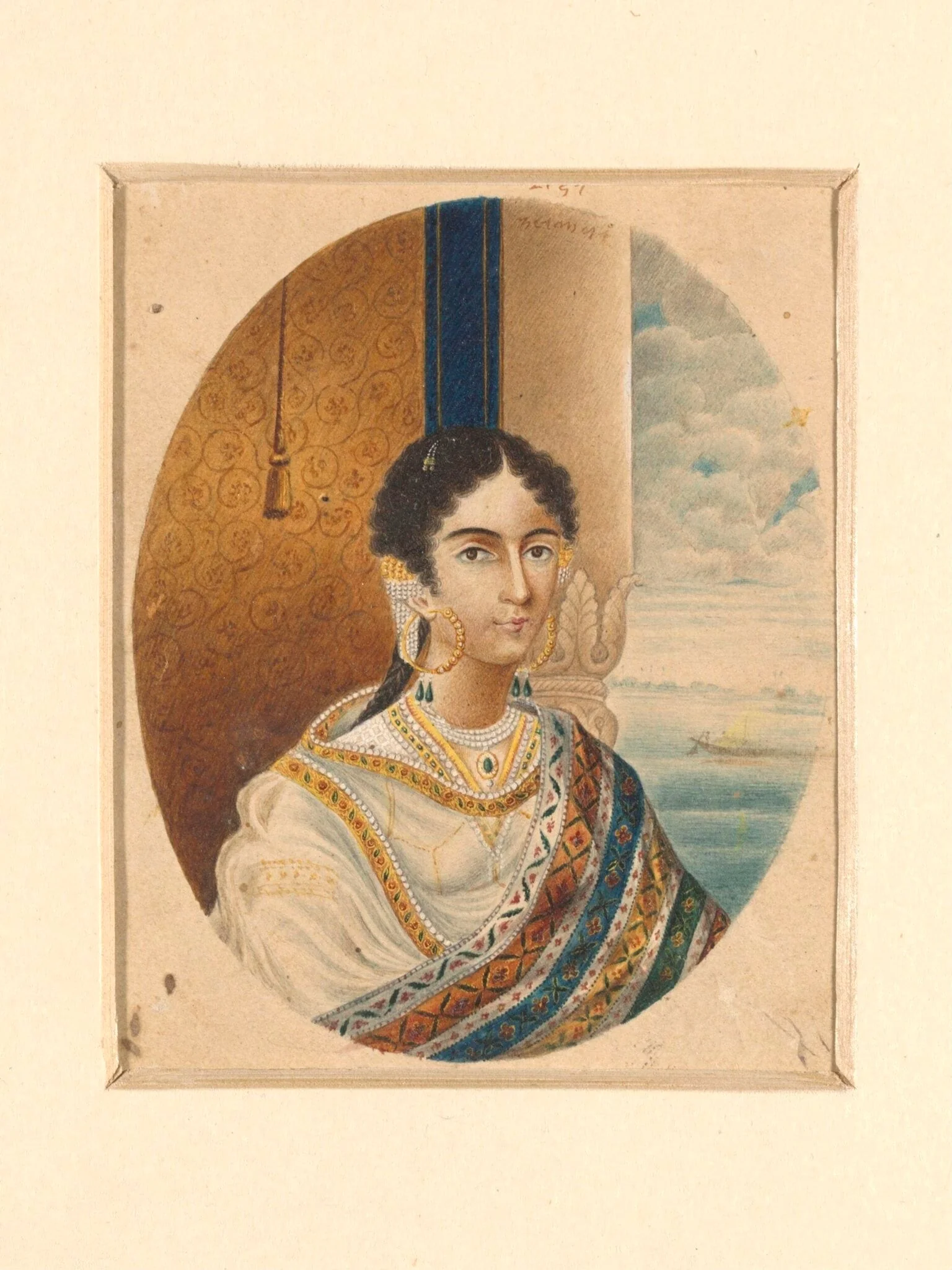 Head and shoulders portrait of an Indian lady, by Shiva Lal, paint, 1850