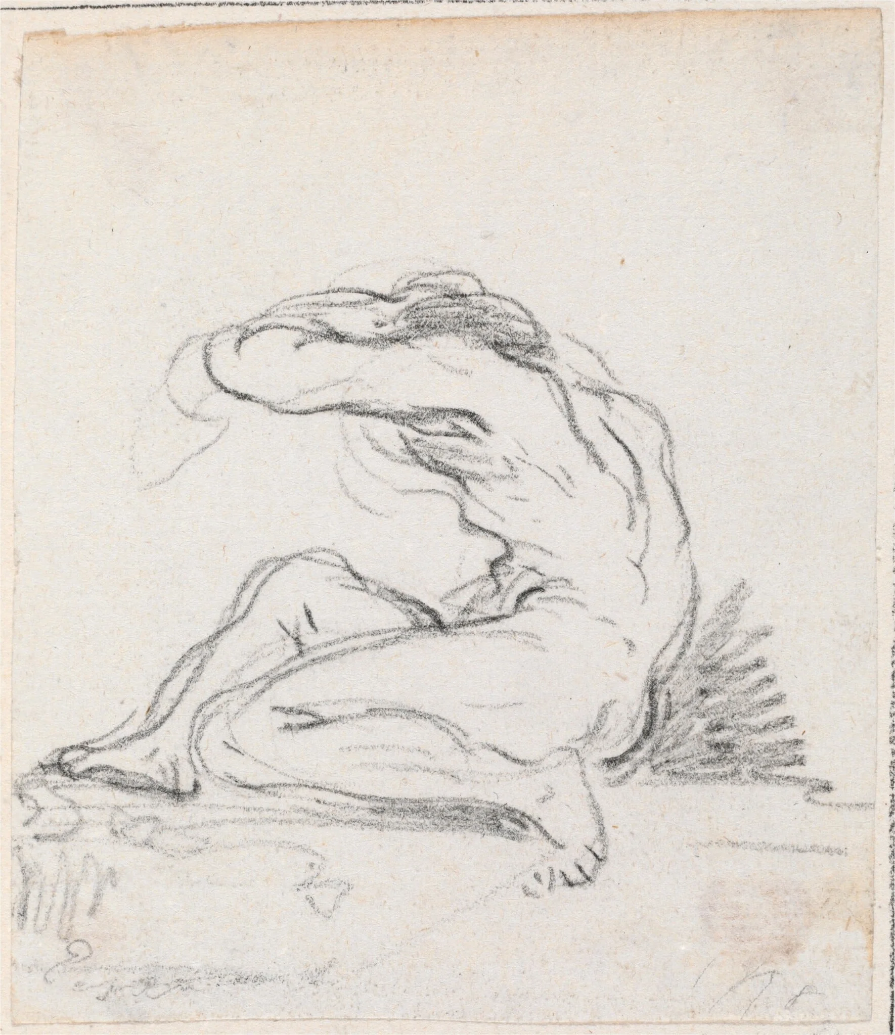 Seated Male Nude with Arm over Head, Seen from the Side, by Hubert Robert, chalk, 1760