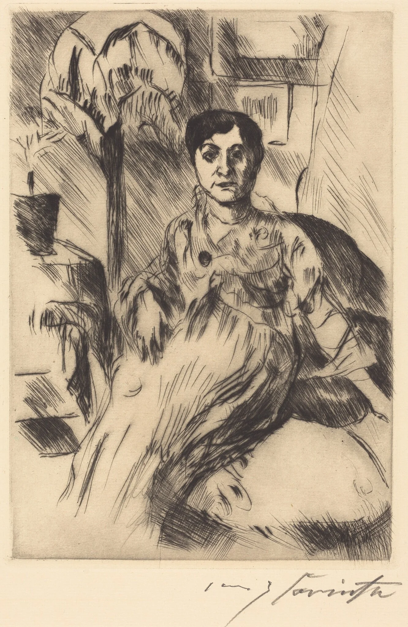 Interieur mit Frau (Interior with Woman), by Lovis Corinth, ink, 1917