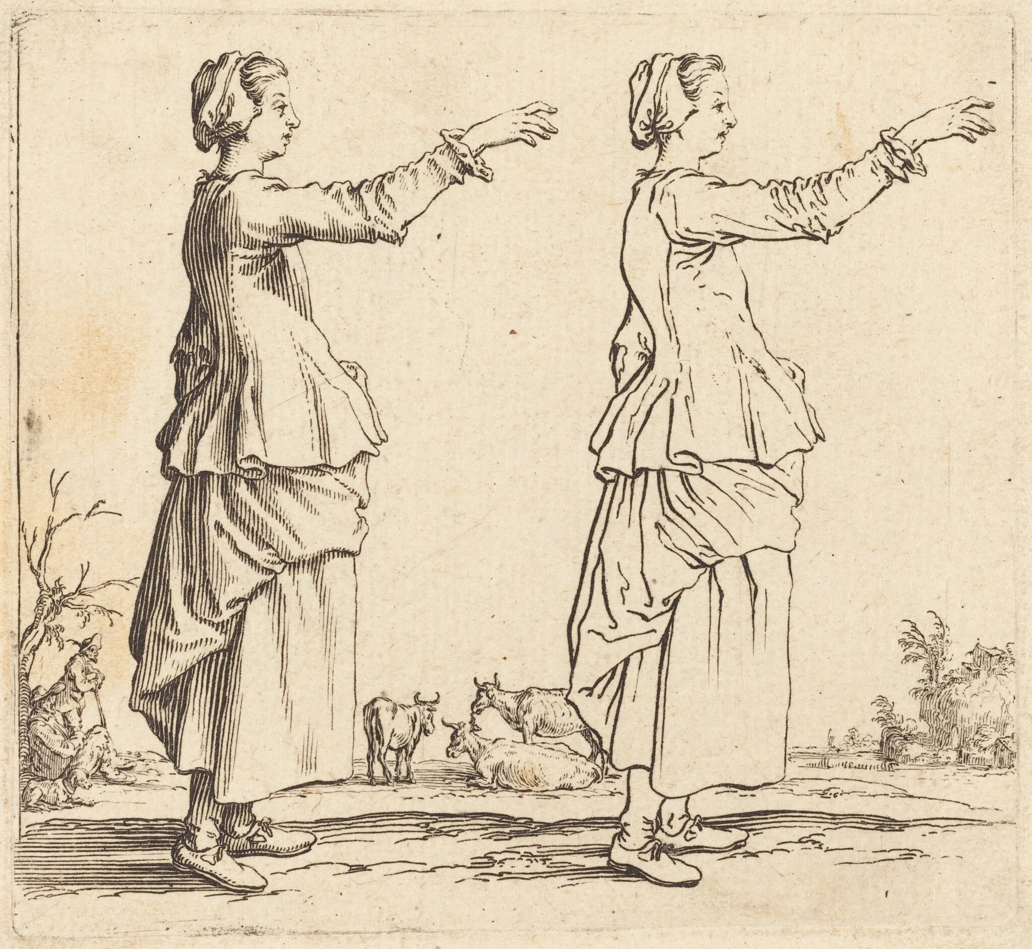 Peasant Woman, in Profile, Facing Right, with Arm Extended, by Jacques Callot, ink, 1622