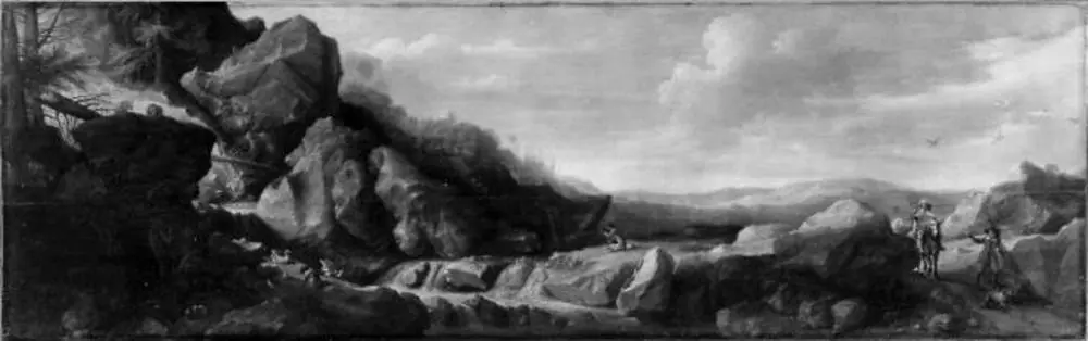 Rocky landscape with falcons hunters (Allegory on the hunt)