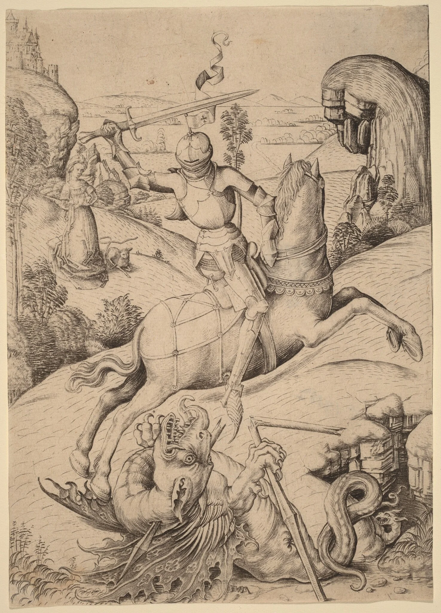 Saint George and the Dragon, by Israhel van Meckenem, ink, 1485
