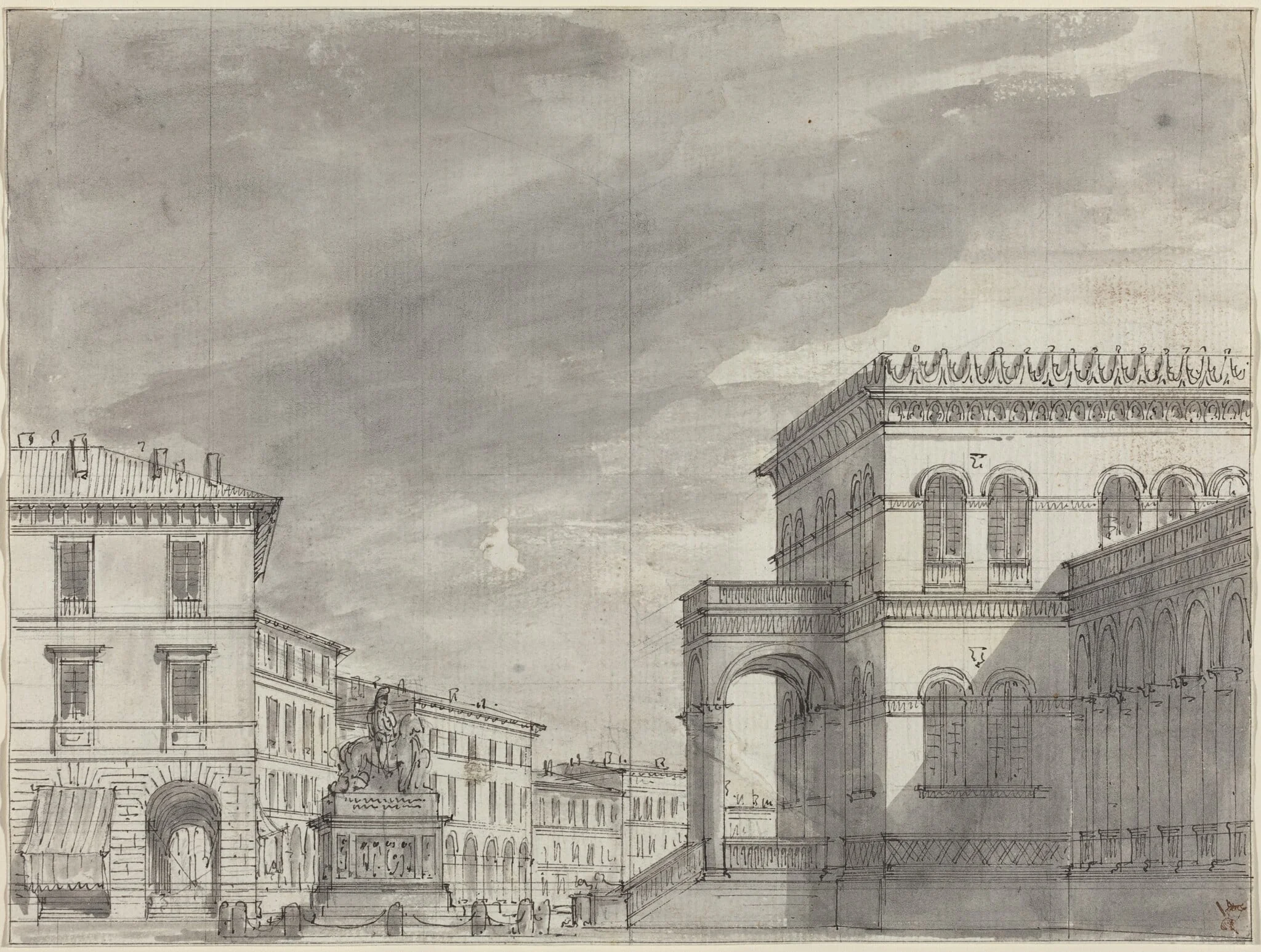 Piazza with an Equestrian Monument and a Palace, by Alessandro Sanquirico, ink, 1810