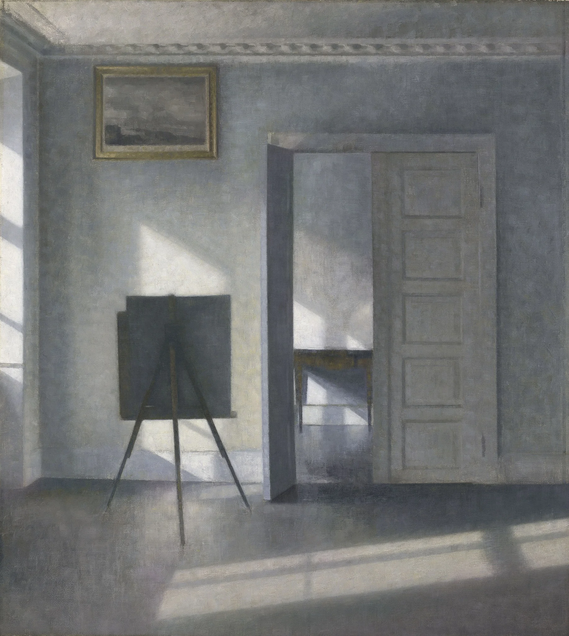 Interior with an Easel, Bredgade 25, by Vilhelm Hammershøi, oil, 1912