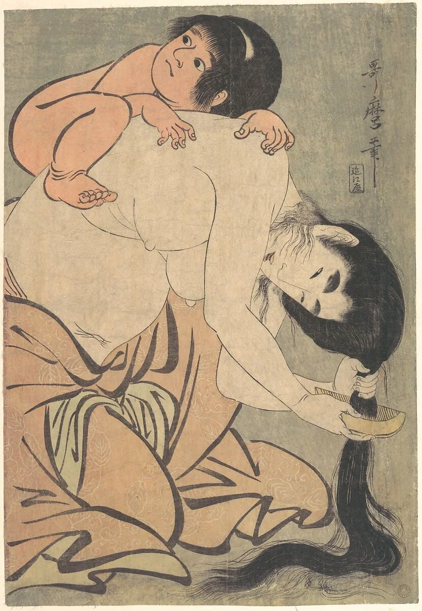 喜多川歌麿画  山姥と金太郎 |Yamauba Combing Her Hair with Kintarō, by Kitagawa Utamaro, ink, 1801