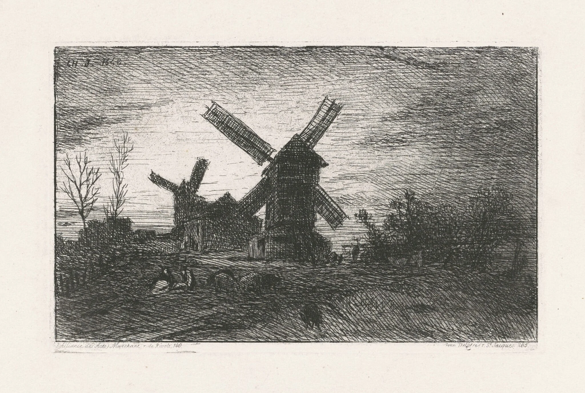 Two Windmills at Montmartre, by Charles Émile Jacque, ink, 1846