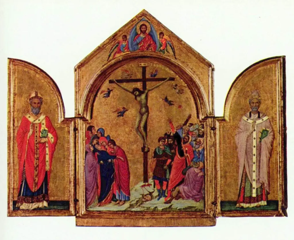 Triptych: the Crucifixion; the Redeemer with Angels; Saint Nicholas; Saint Gregory