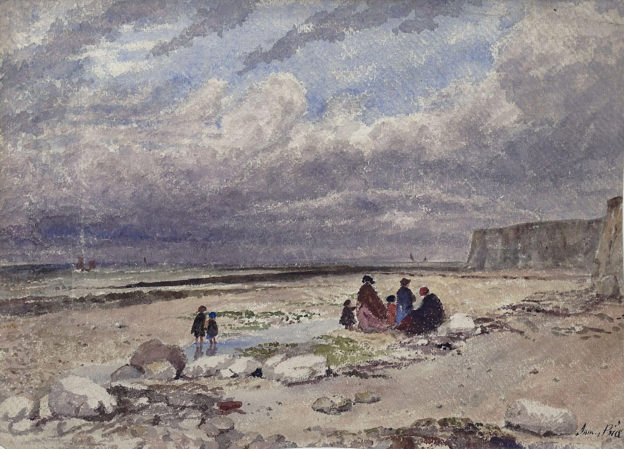 Seashore with figures, by James Price, watercolor, 1842