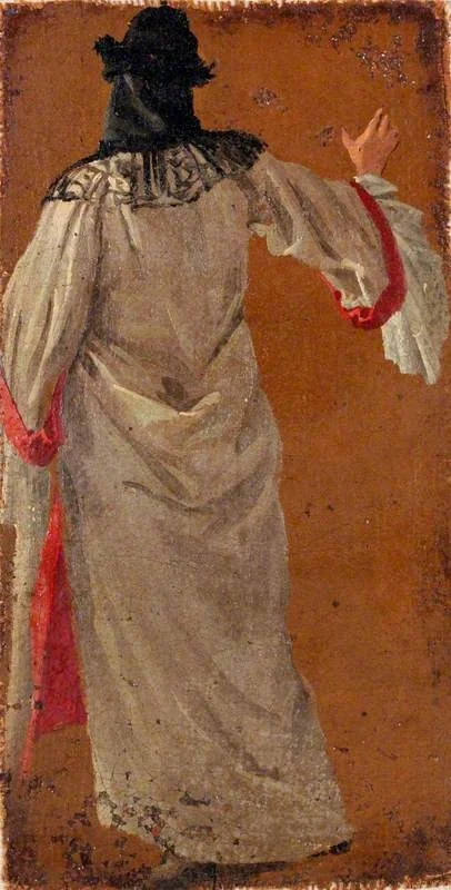 A Man in a White Domino Seen from Behind, by Luca Carlevarijs, oil, 1705
