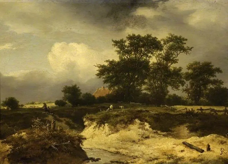 Landscape, a brook and farm-house among trees