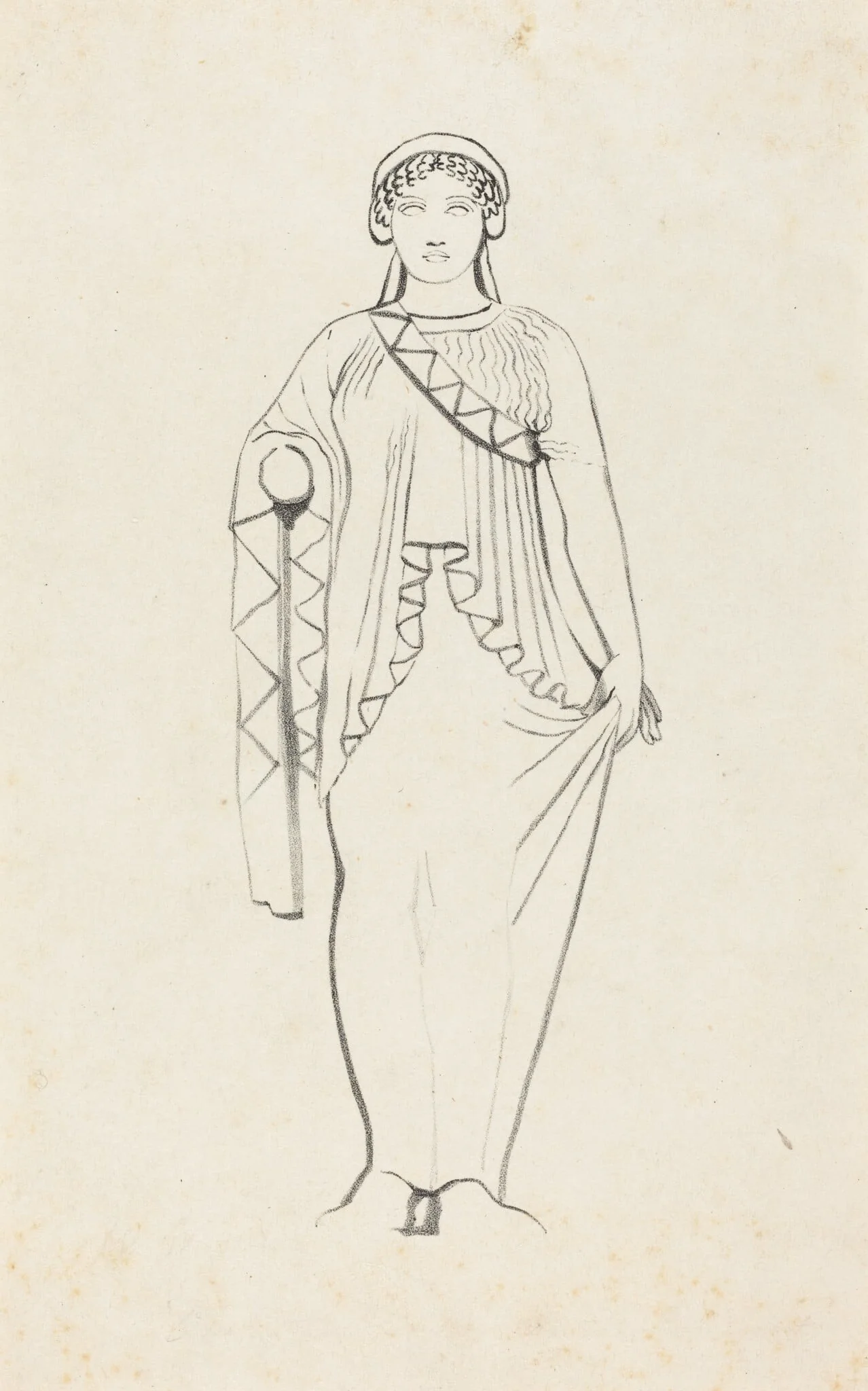 Statue on the Pediment over the West Front ofa Temple at Egina, by W. Walton, ink, 1829