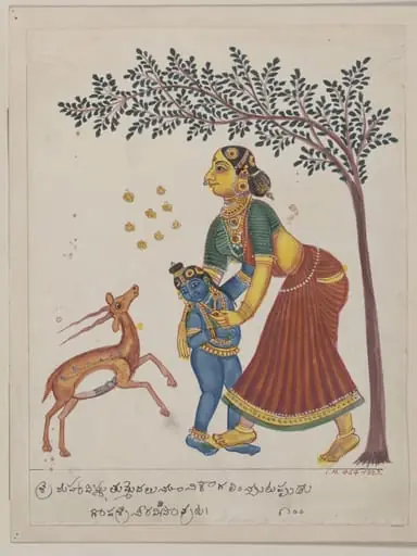 Yasoda protecting Krishna from the playful approaches of a gazelle