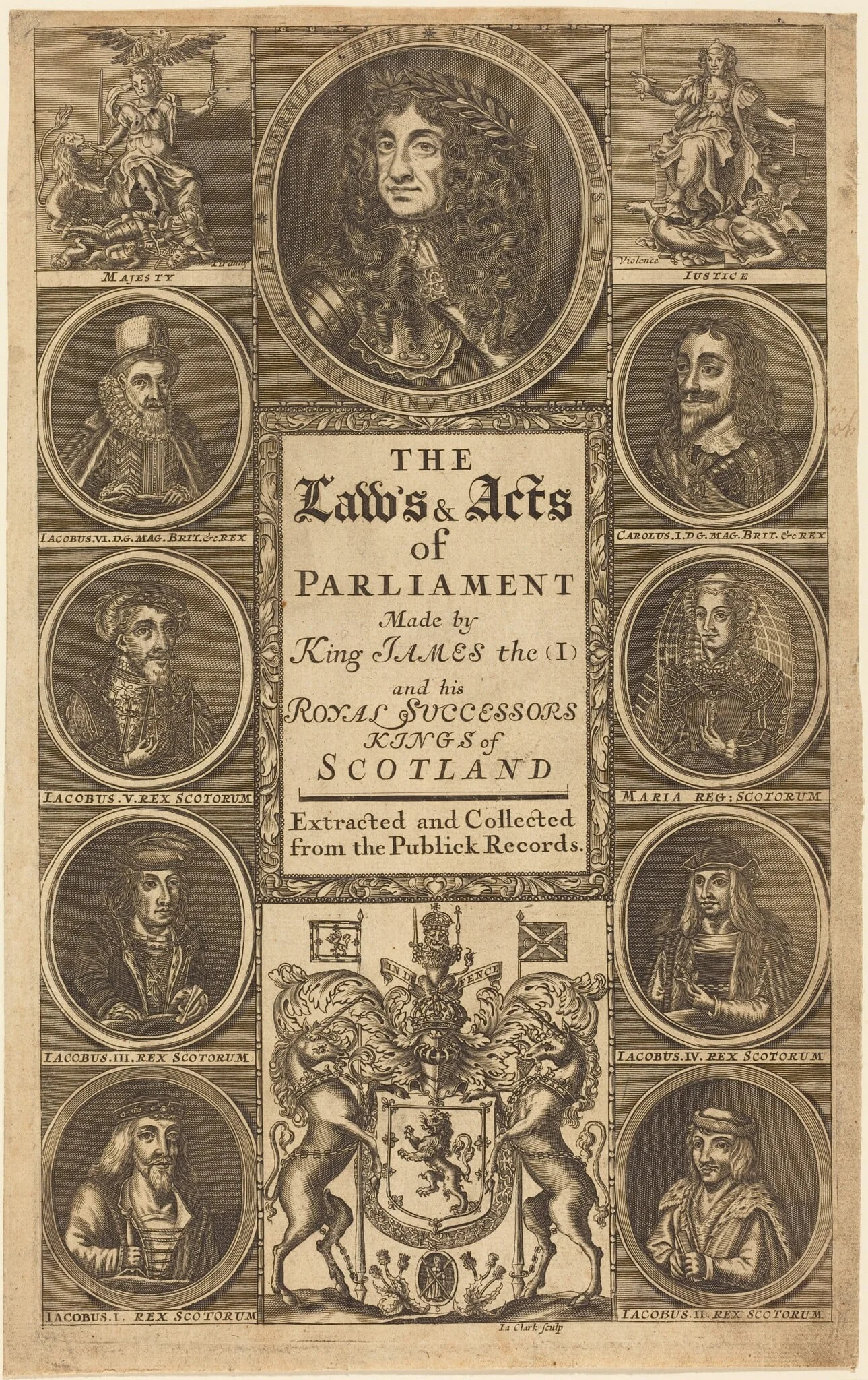 Frontispiece to "The Laws and Acts of Parliament Made by King James I ...", by James Clark, ink, 1705