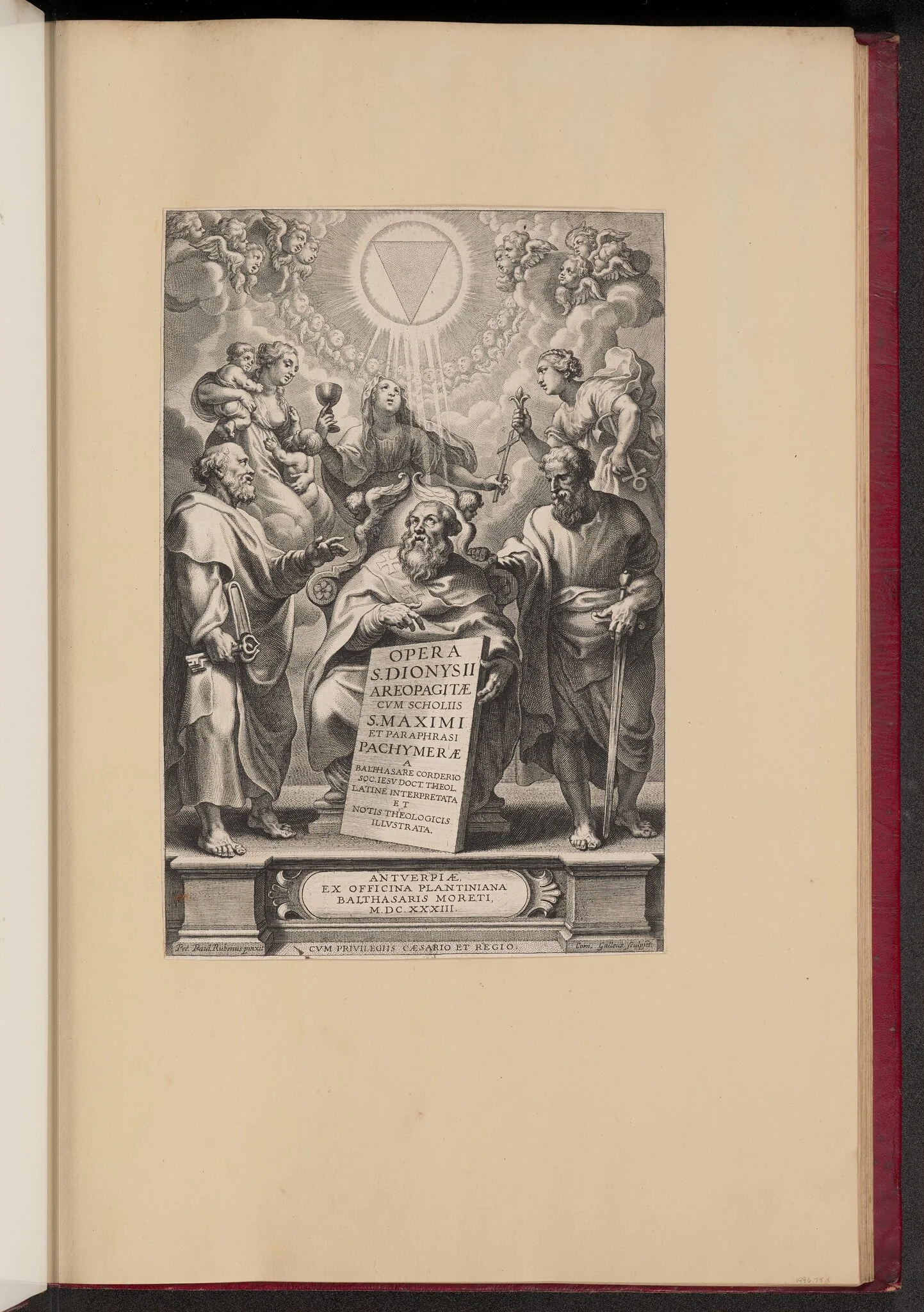 Title Page for Balthasar Cordier's "Opera S. Dionysii Areopagitae, I", by Cornelis Galle I, ink, 1633
