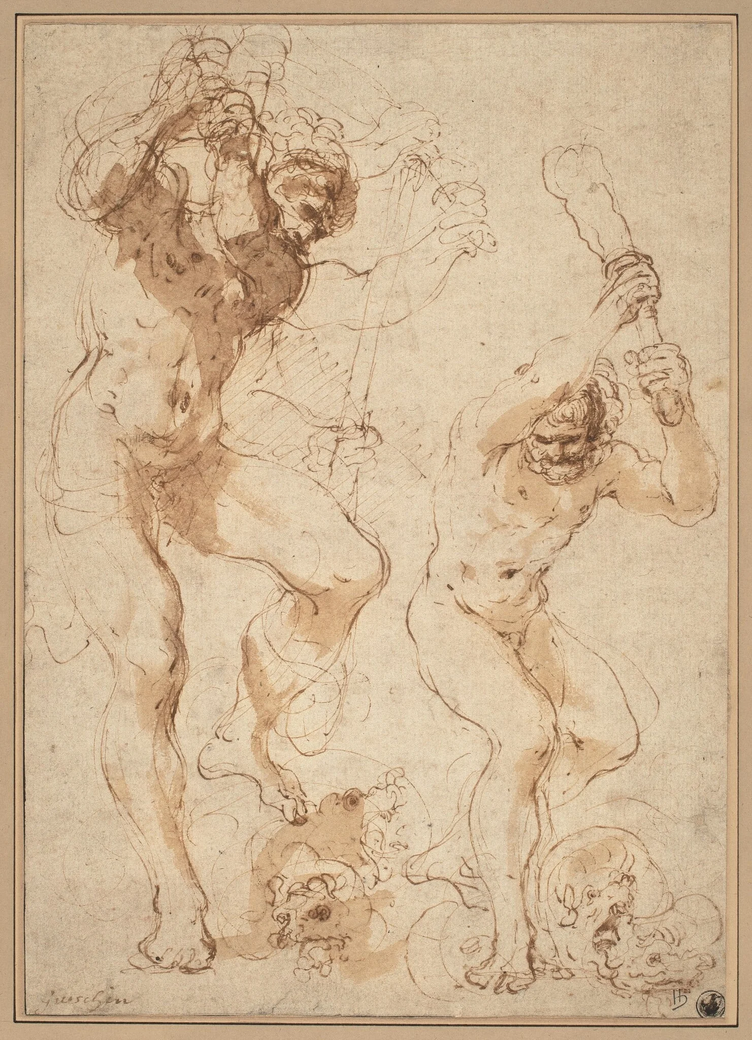 Hercules Slaying the Hydra, by Guercino, ink, 1618