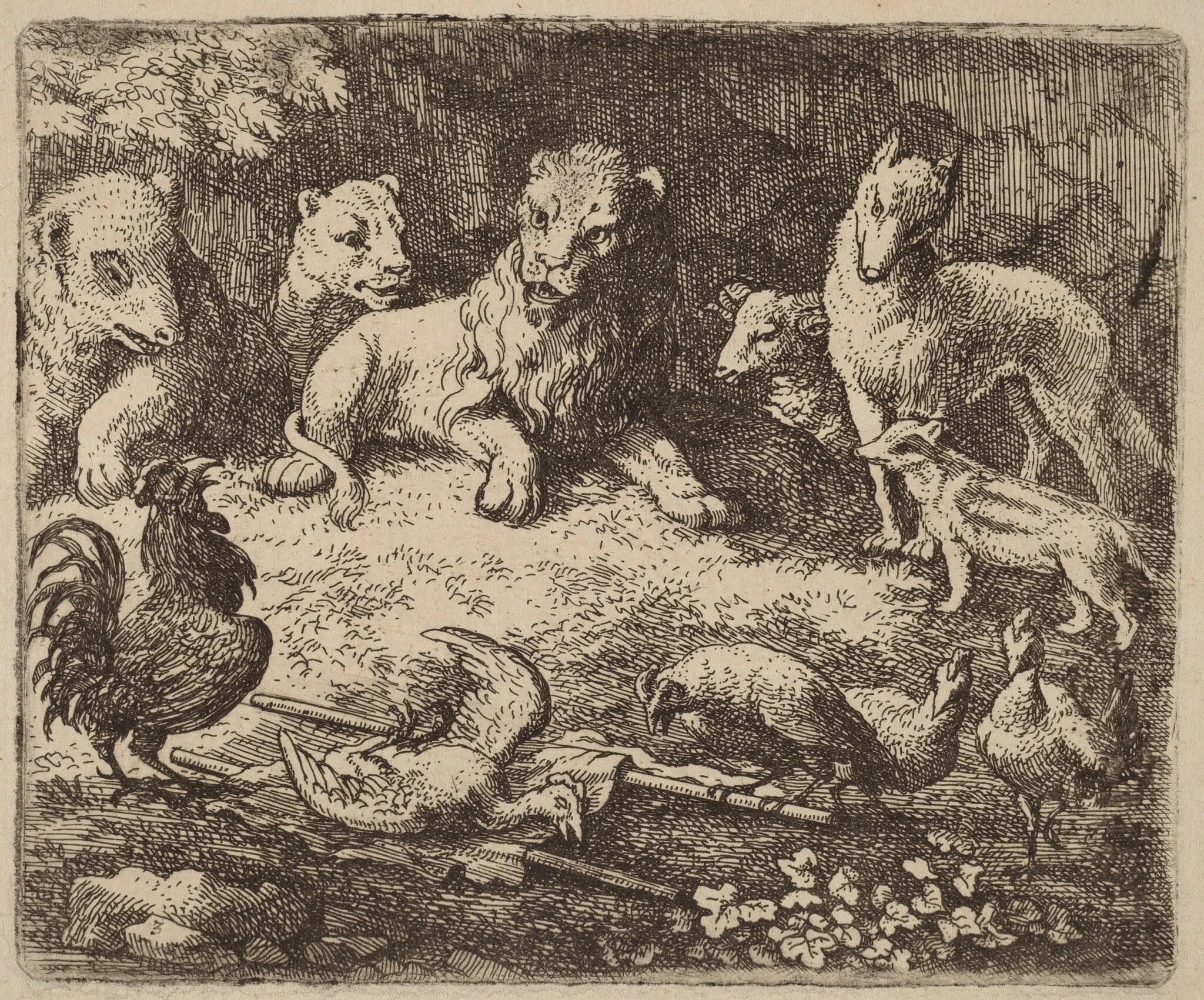 The Rooster Charges Reynard, by Allart van Everdingen, ink, 1650