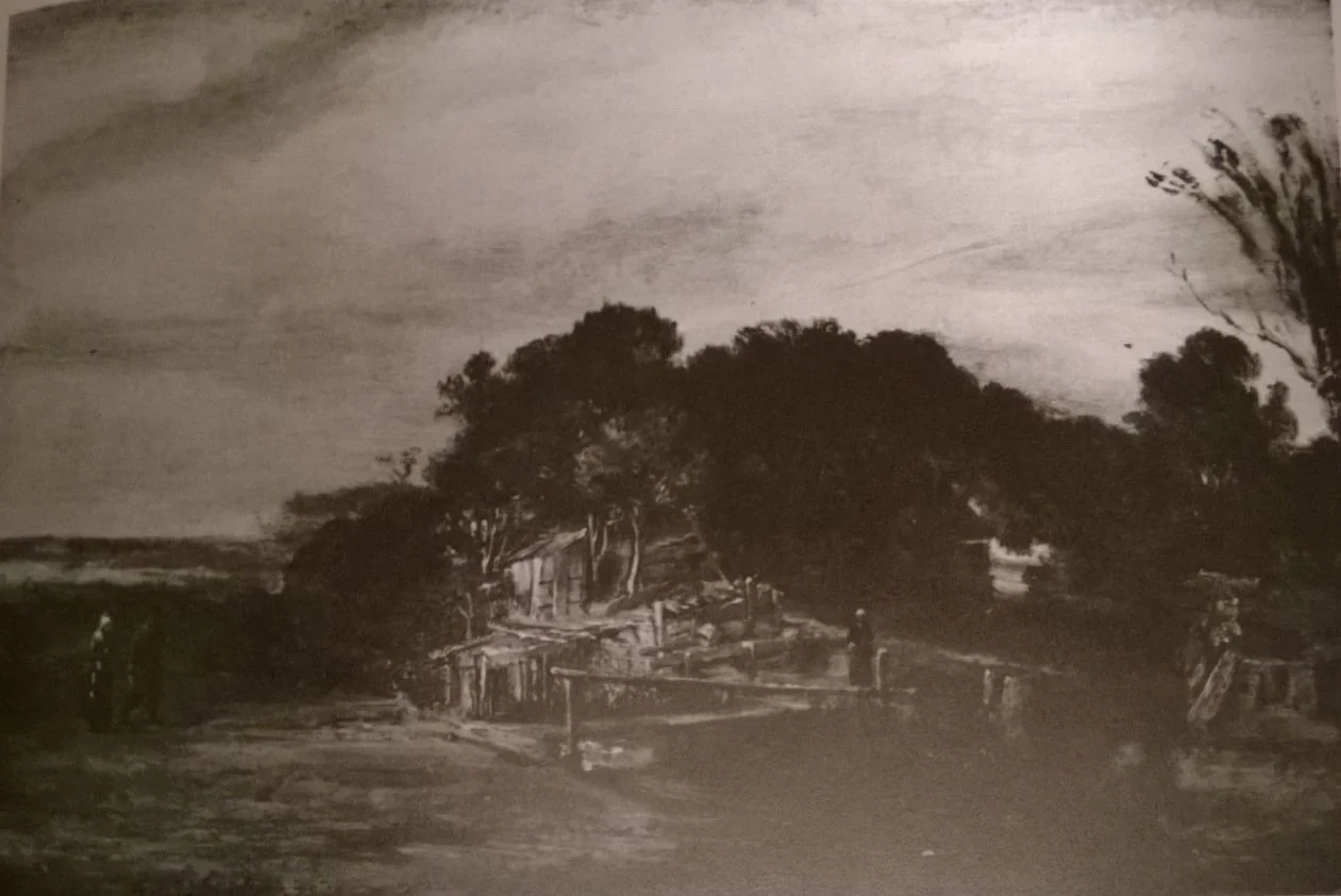 Landscape with cottages, by Rembrandt, oil, 1654
