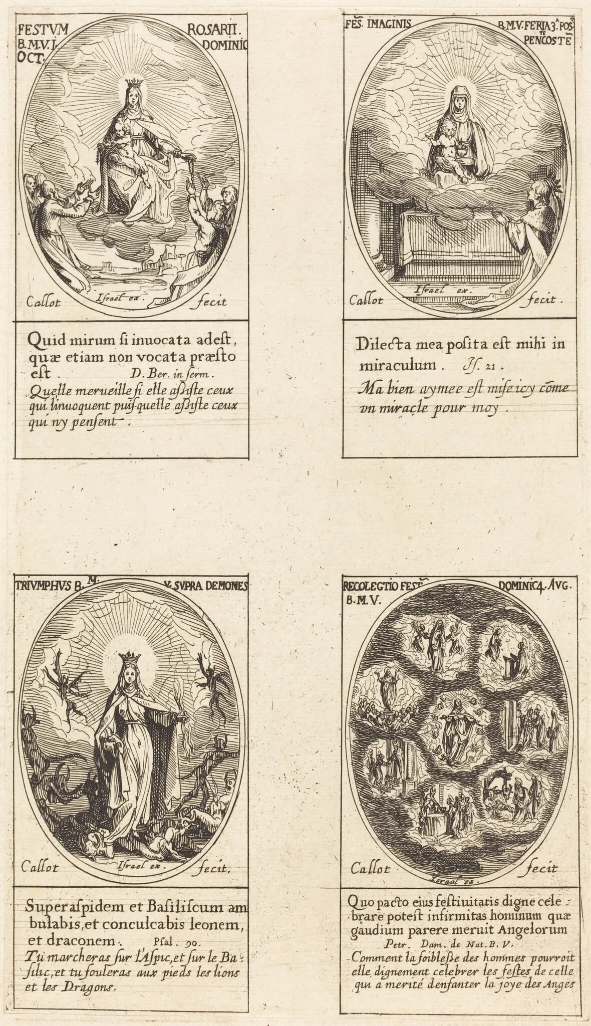Our Lady of the Rosary; Virgin and Child Appearing in a Cloud; Triumphant Virgin; Collection of the Feasts Dedicated to the Life of the Virgin, by Jacques Callot, ink, 1634
