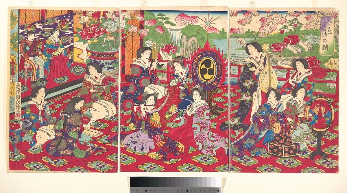 Shunshoku, Onkyoku no Shirabe|Spring Scenery; Melody of a Musical Performance, by Utagawa Fusatane, ink, 1877