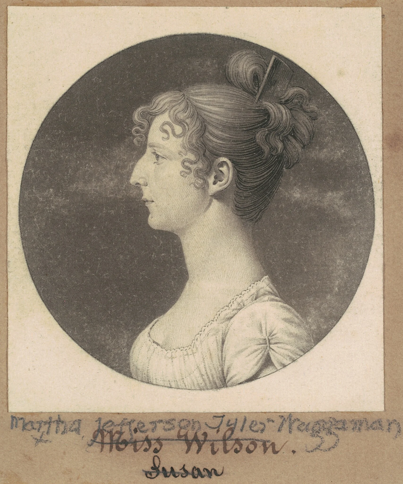 Martha Jefferson Tyler Waggaman, by Charles Balthazar Julien Févret de Saint-Mémin, ink, 1808
