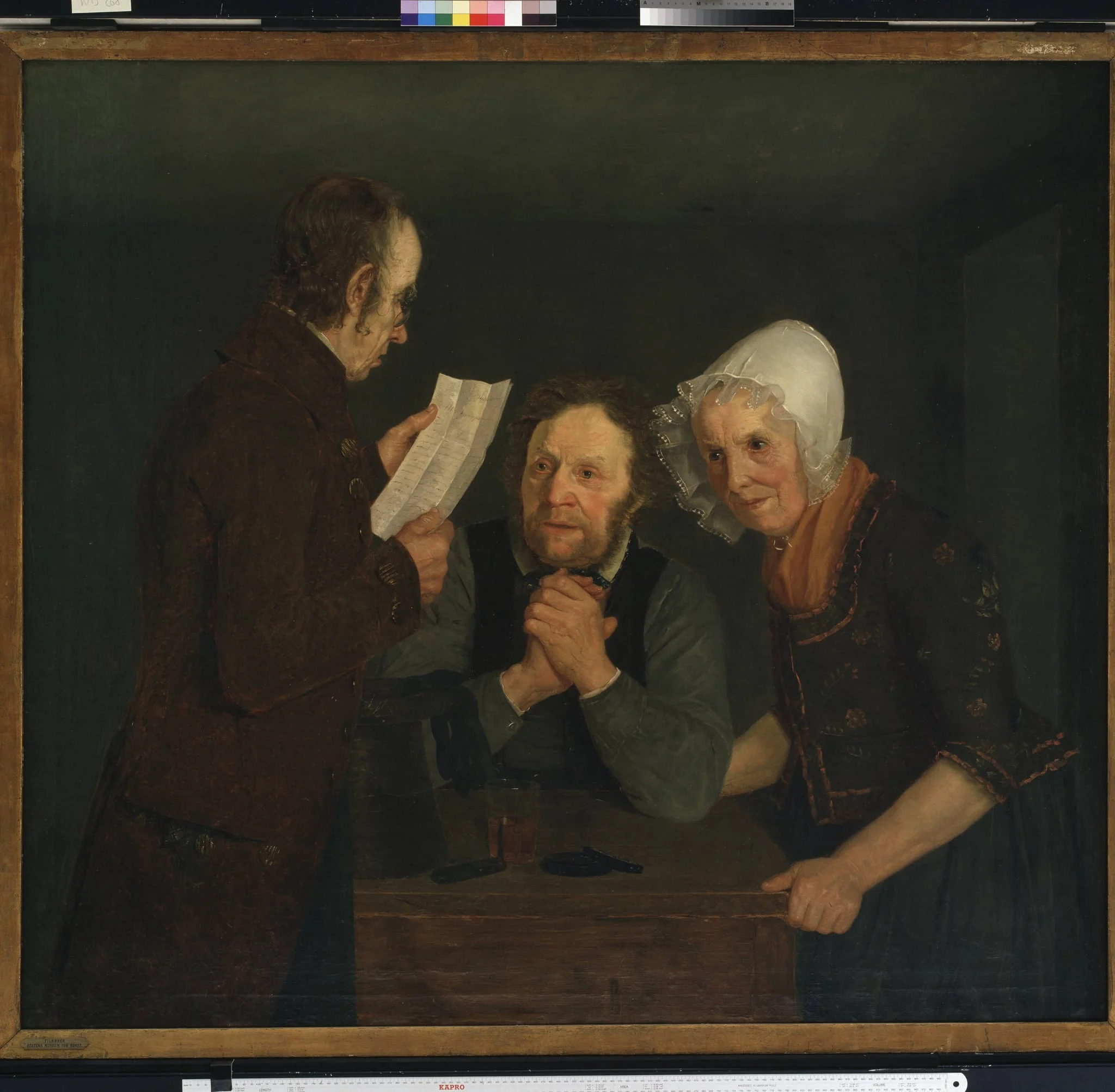 A Schoolmaster Reading Aloud a Letter to an Old Couple from Their Son Abroad, by Unknown, 1835