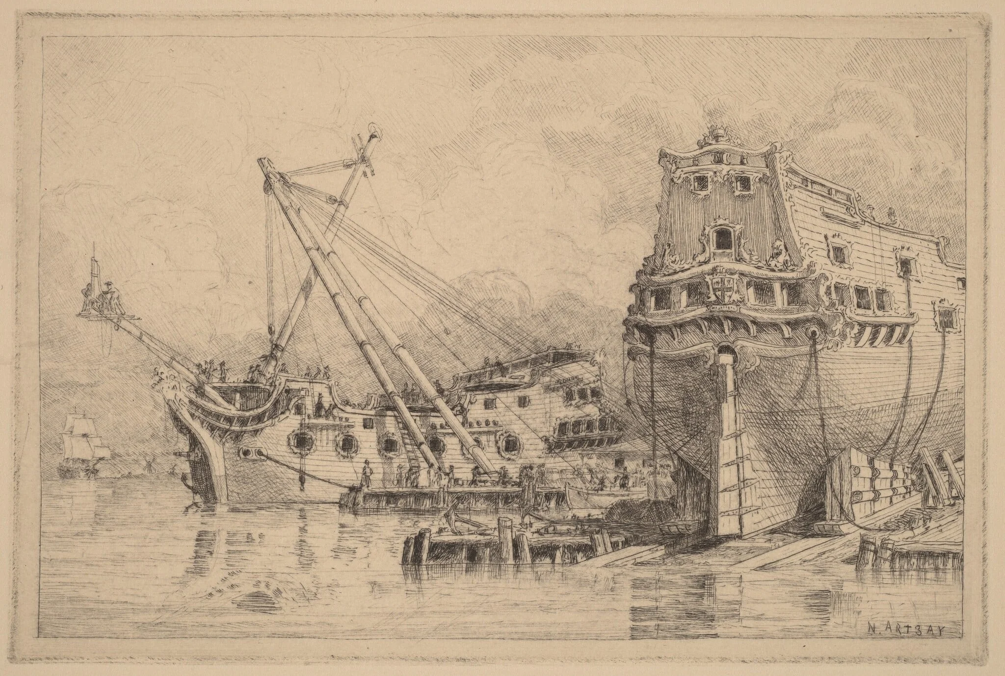 Two Large Ships under Construction, by N. Artsay, ink, 1840