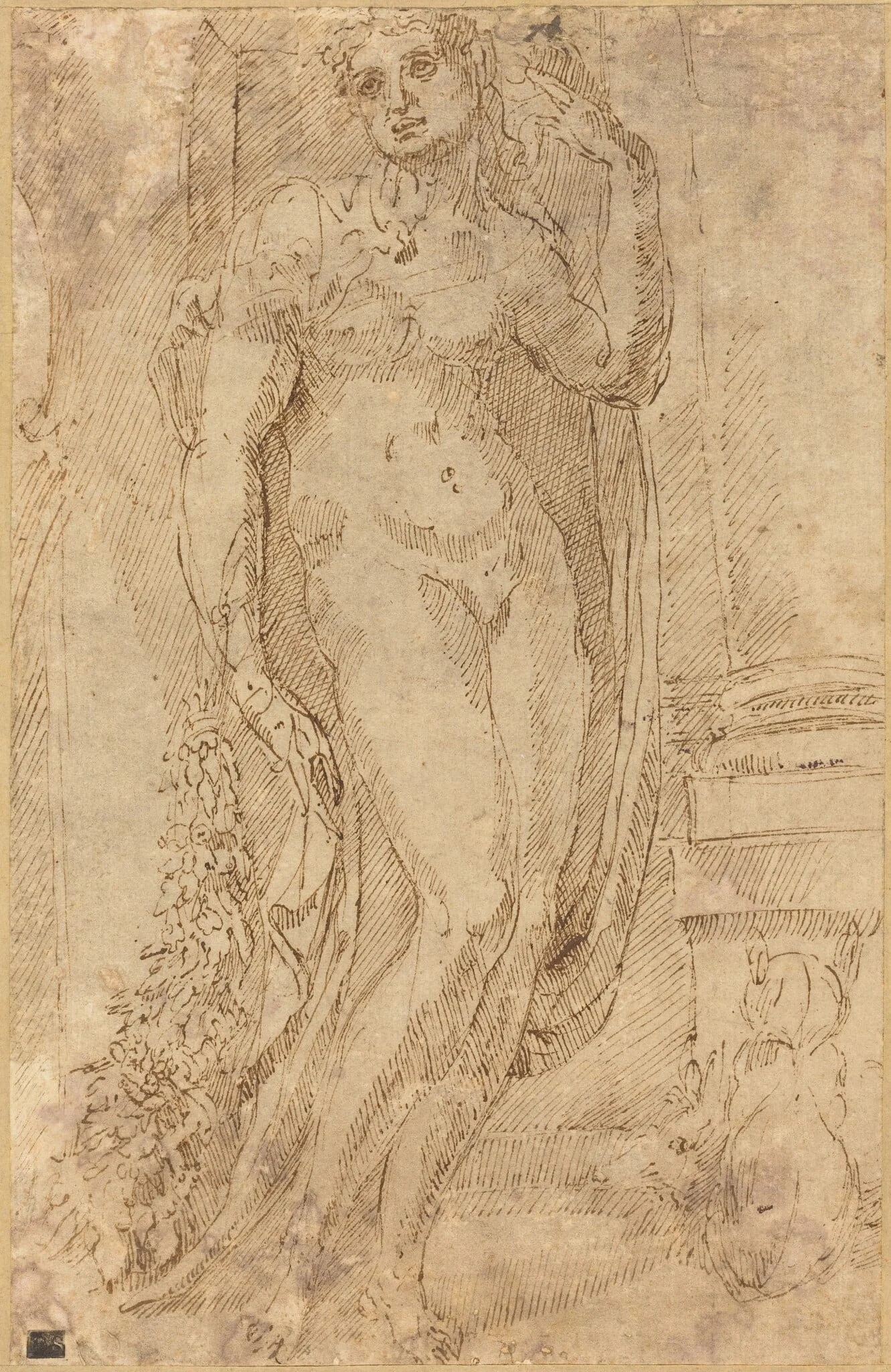 Allegorical Figure with a Cat and a Pig, by Jacopo di Giovanni di Francesco, ink, 1530