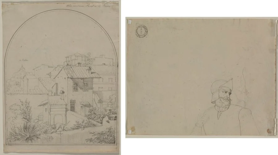 View from My Window in Rome (recto) Soldier in a Landscape (verso), by Carl Ludwig Tischbein, 1817