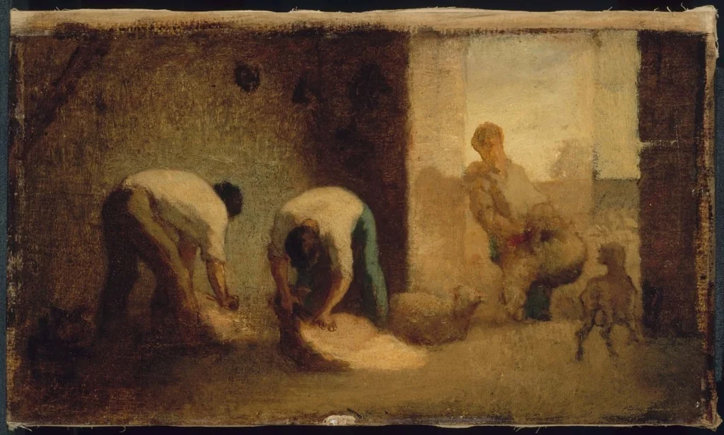 Three Men Shearing Sheep in a Barn
