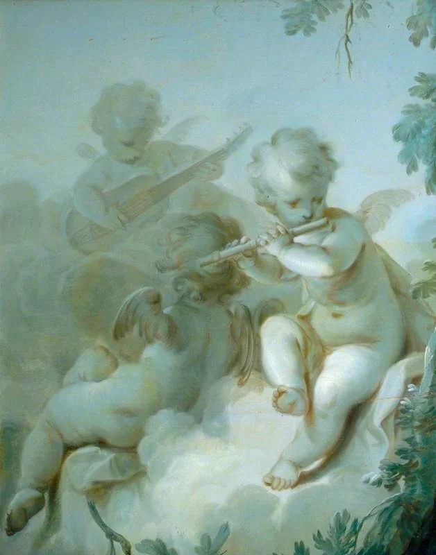 Three Cupids Playing Instruments, by Dirk van der Aa, oil, 1775