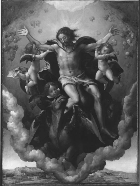 Ezekiel's vision of God sitting on his throne carried by four tetramorphs, each of them having four wings; wheels within wheels beside them (Ezekiel 1), by Pieter Coecke van Aelst, oil, 1535