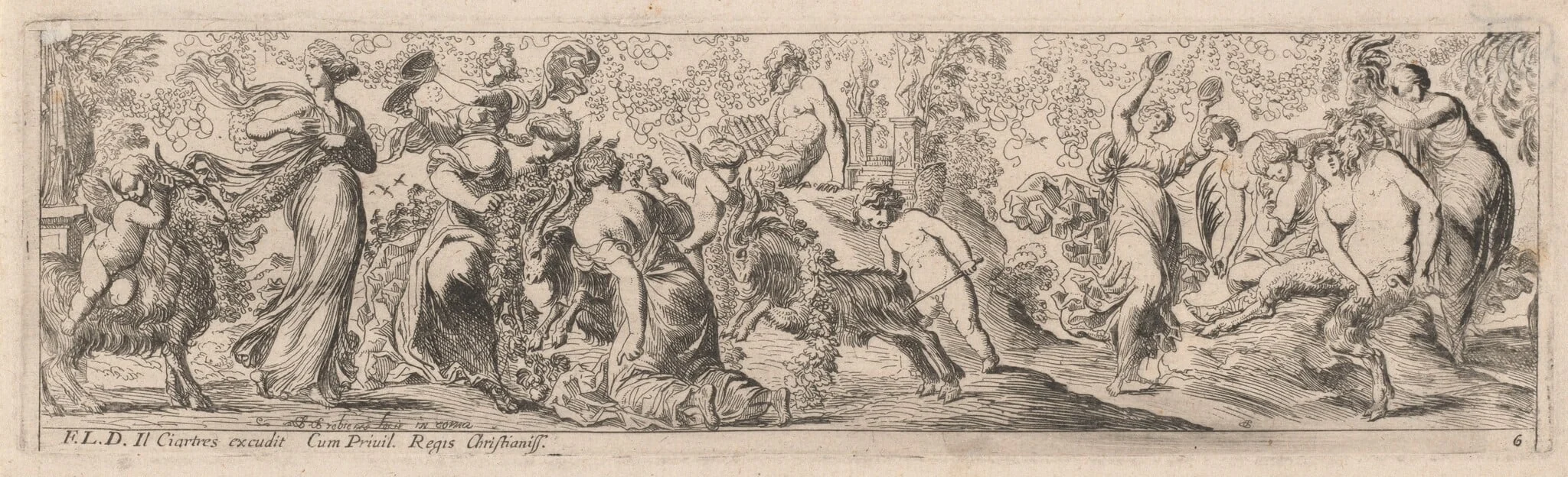 Putto Herding Goats through Garlands, by Pierre Brebiette, ink, 1626