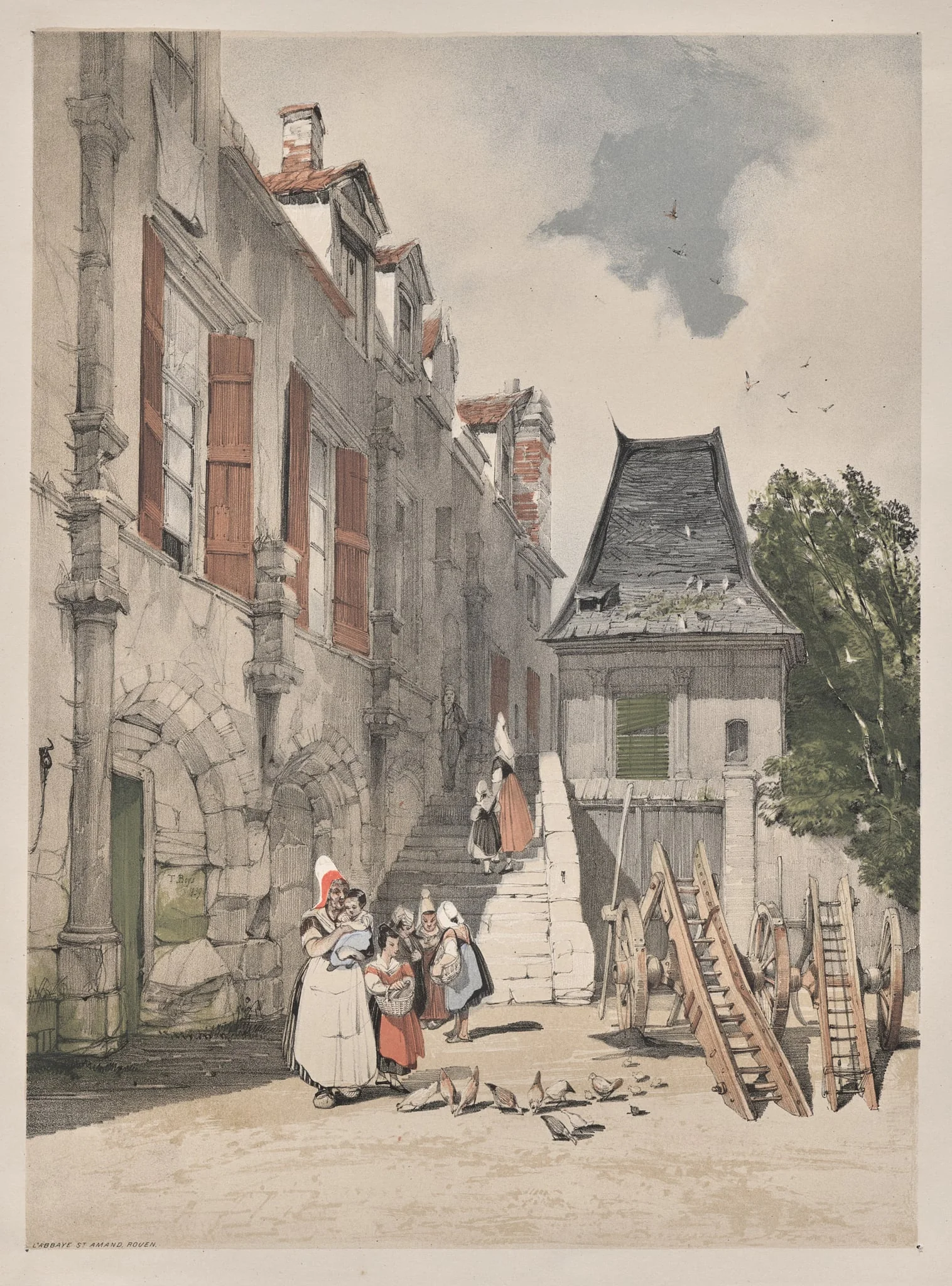 Picturesque Architecture in Paris, Ghent, Antwerp, Rouen:  L'Abbaye St. Amand, Rouen, France, by Thomas Shotter Boys, 1839