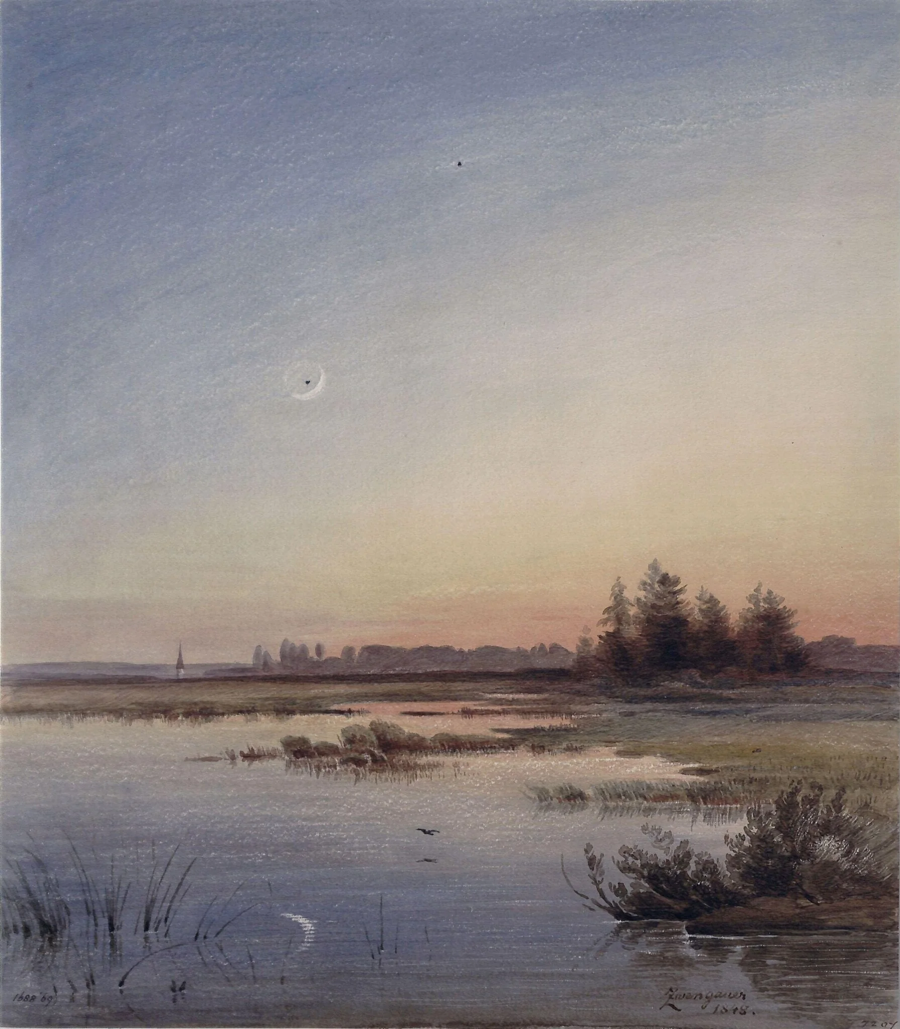 River scene: Sunset, by Anton Zwengauer, watercolor, 1844