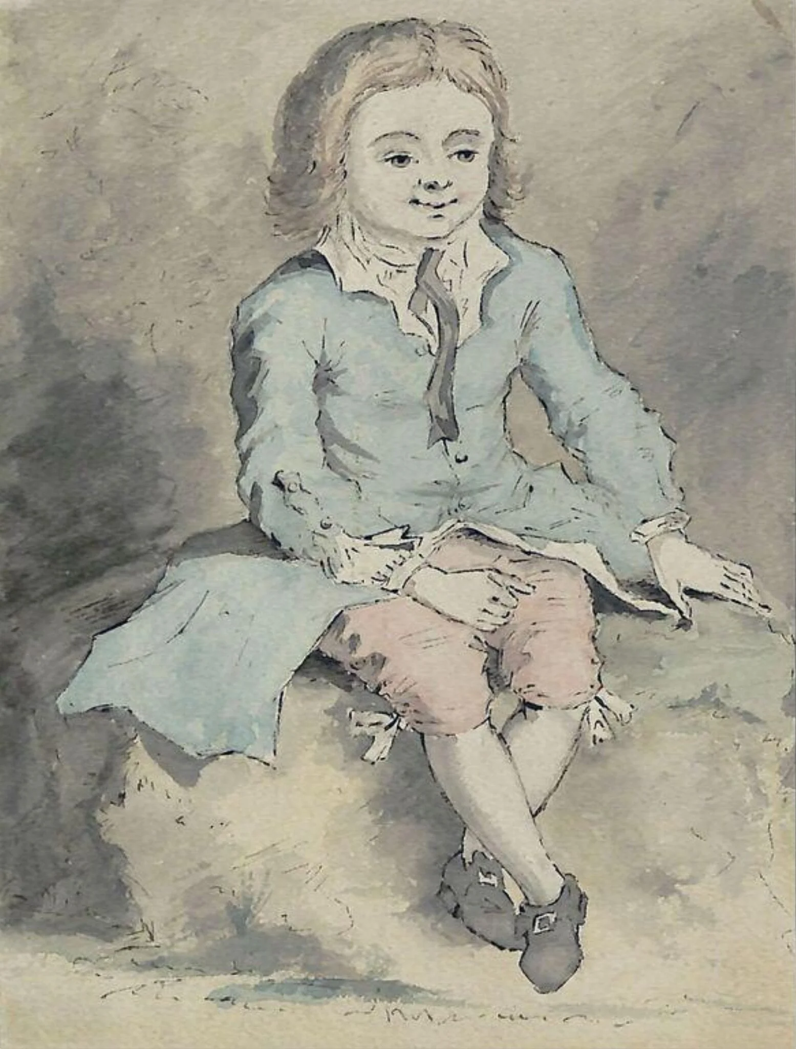 A young boy seated on a rock, by Boitard, watercolor, 1750