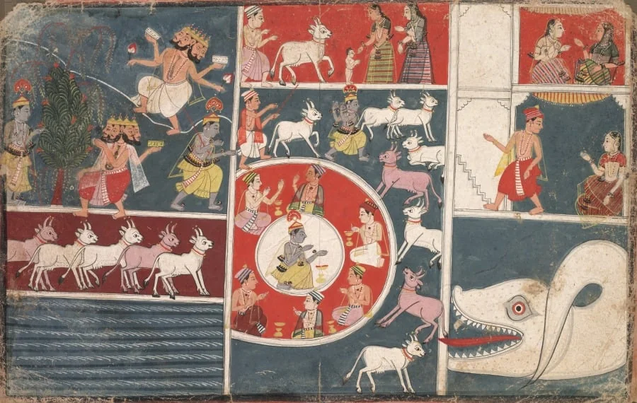 Krishna Playing the Flute and other Episodes from the Bhagavata Purana, by Unknown, unspecified, 1650