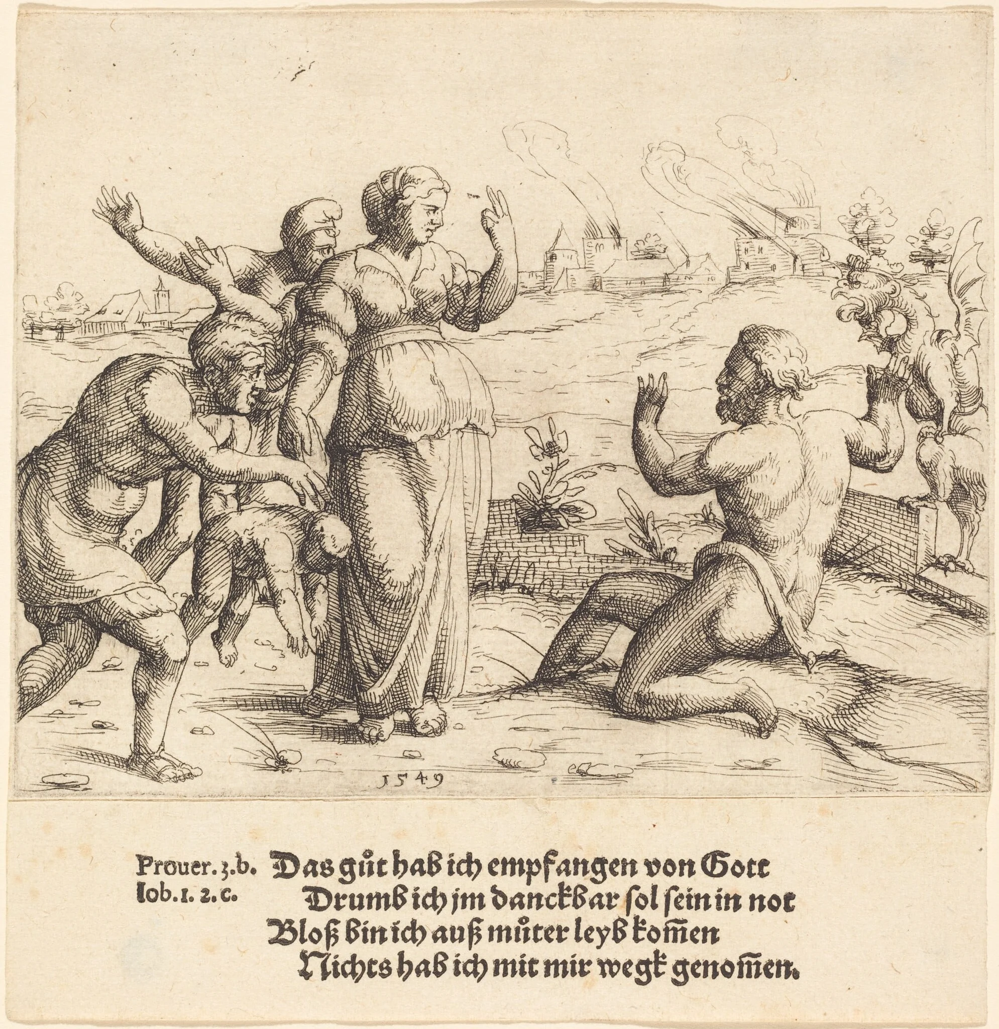 Job Learns of His Misfortunes, by Augustin Hirschvogel, ink, 1549