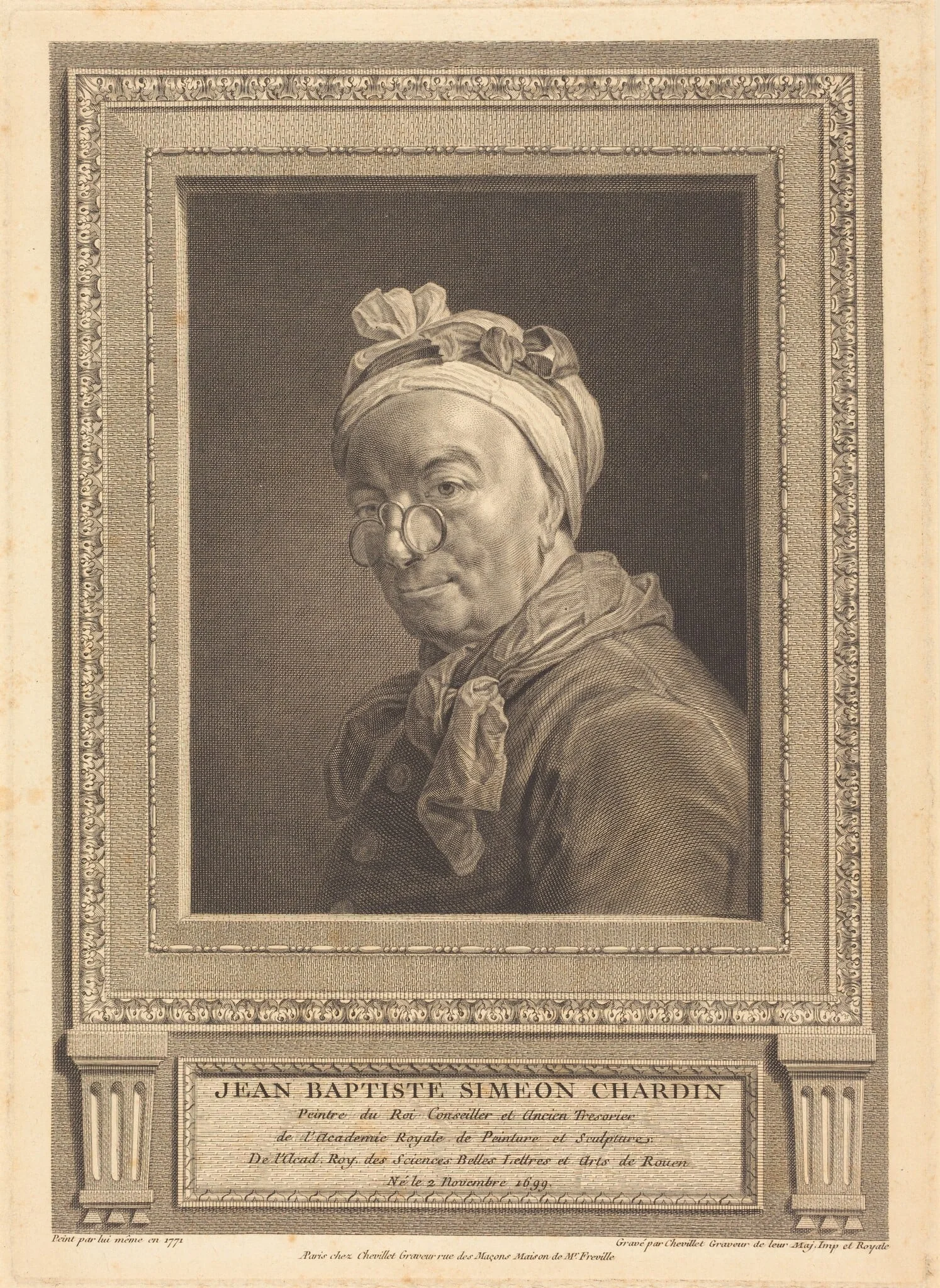 Jean Baptiste Simeon Chardin, by Juste Chevillet, ink, 1771